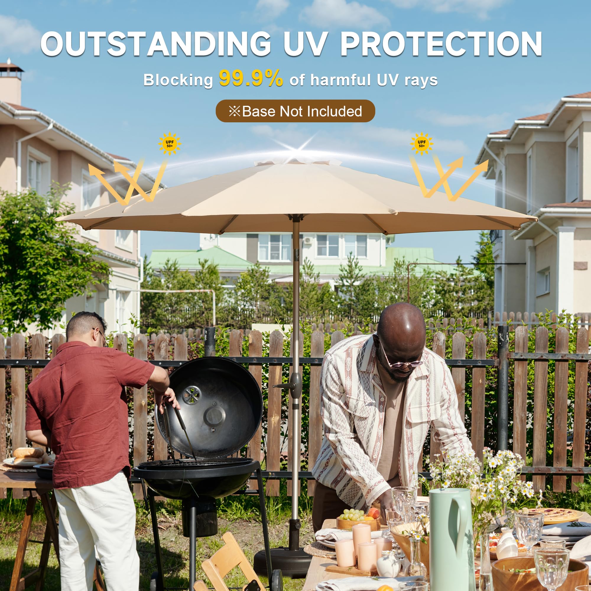 9FT Patio Umbrella, Outdoor Table Umbrella With Push Button Tilt And Crank, UV Protection Waterproof Market Sun Umbrella With 8 Sturdy Ribs For Garden, Deck, Backyard, Pool  Beige