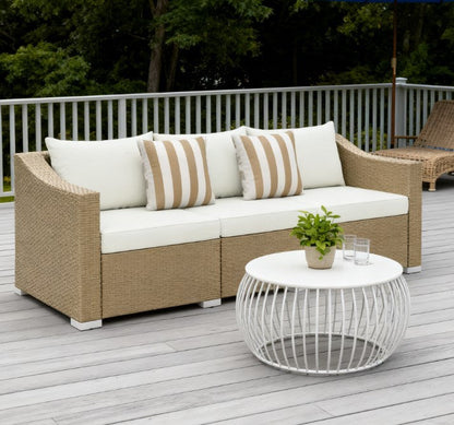 Outdoor Rattan Sofa with Cushions and Throw Pillows - Natural