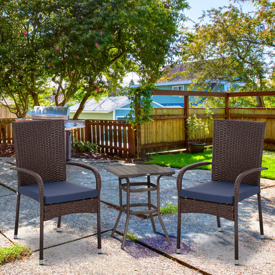 Stackable PE Rattan Outdoor Dining Chairs With Cushion, Patio Wicker Dining Chair With Armrests &amp; Backrest, Blue