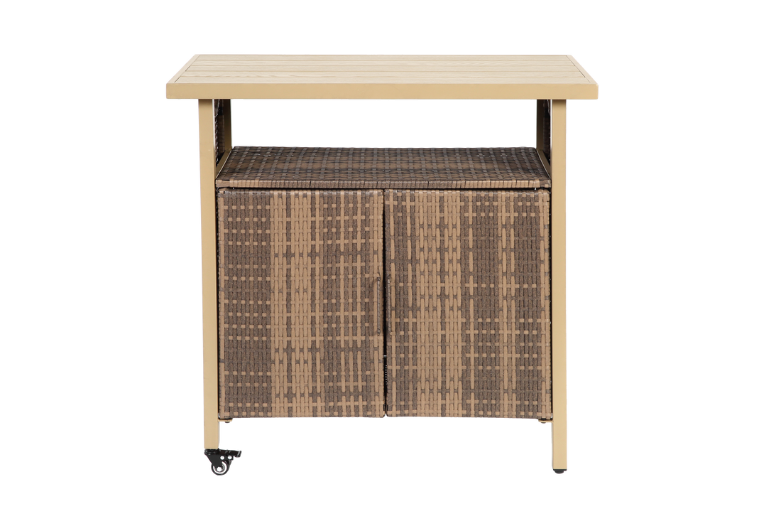 Outdoor Wicker Bar Cart, Patio Wine Serving Cart W  Wheels , Rolling Rattan Beverage Bar Counter Table W Glass Top For Porch Backyard Garden Poolside Party, Beige