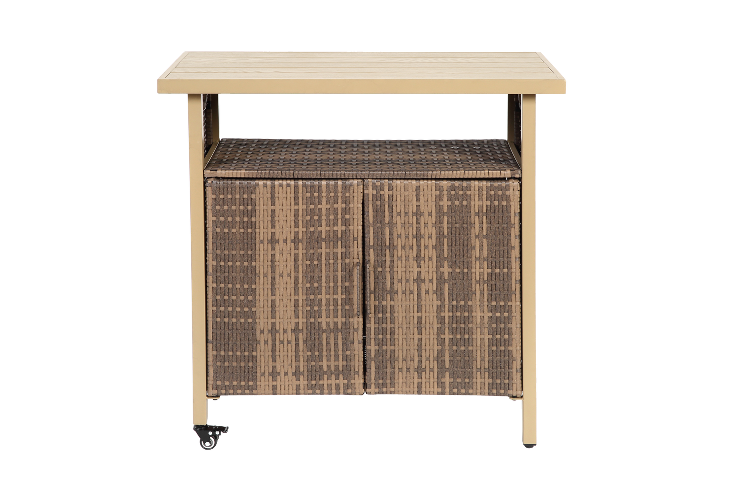 Outdoor Wicker Bar Cart, Patio Wine Serving Cart W  Wheels , Rolling Rattan Beverage Bar Counter Table W Glass Top For Porch Backyard Garden Poolside Party, Beige