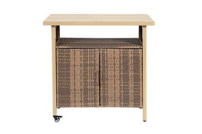 Outdoor Wicker Bar Cart, Patio Wine Serving Cart W  Wheels , Rolling Rattan Beverage Bar Counter Table W Glass Top For Porch Backyard Garden Poolside Party, Beige