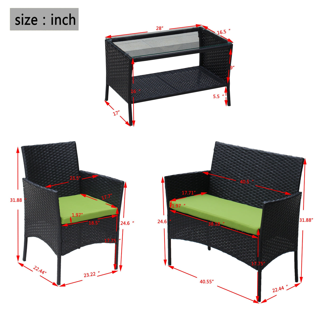 4 PC Rattan Patio Furniture Set with Cushions - Black and Green