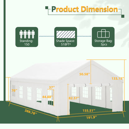 16x32 FT Party Tent With 3 Storage Bags &amp; Removable Sidewalls, Outdoor Canopy Gazebo For Carport Camping Garden Wedding BBQ Commercial