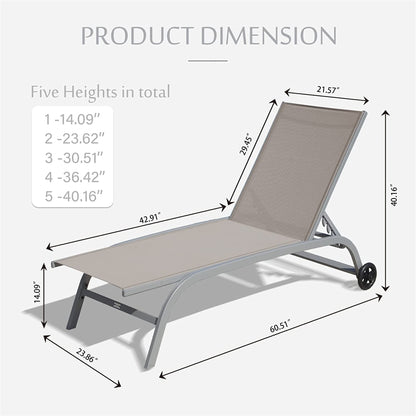 Chaise Lounge Outdoor Set Of 2, Lounge Chairs For Outside With Wheals, Outdoor Lounge Chairs With 5 Adjustable Position, Pool Lounge Chairs For Patio, Beach,Yard,Deck,Poolside Khaki, 2 Lounge Chairs