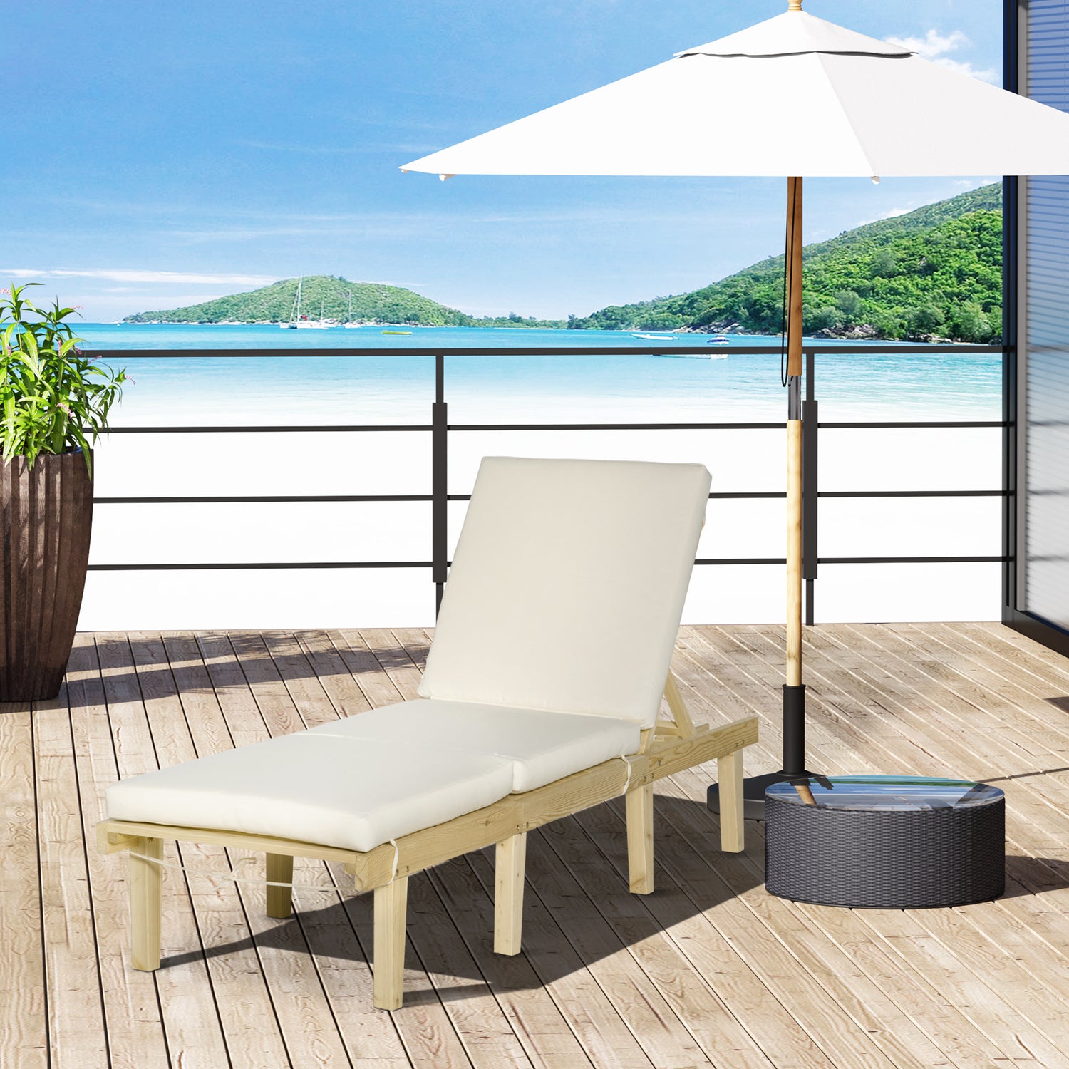 Chaise Lounge Chair For Outdoor, Wood Outdoor Chaise Lounge With 4-Position Adjustable Backrest And Cushion, Reclining Beach Lounge Chair For Deck, Pool, Lawn And Sunbathing, Natural