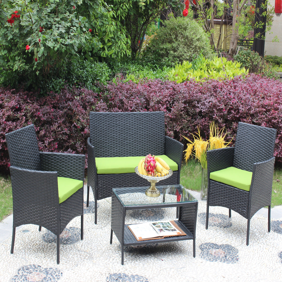 4 PC Rattan Patio Furniture Set with Cushions - Black and Green