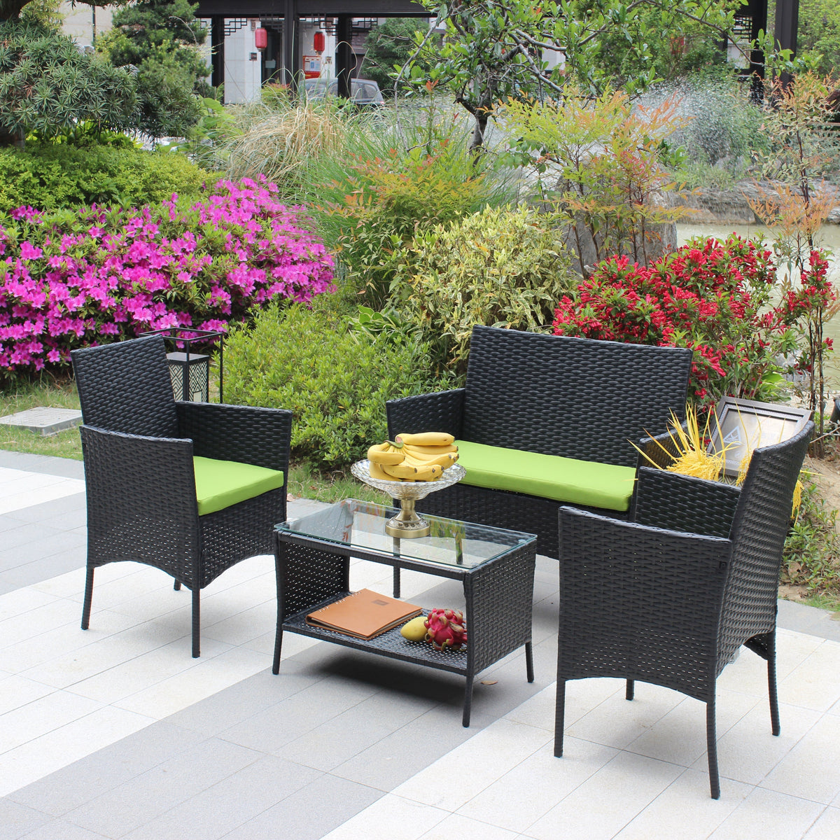 4 PC Rattan Patio Furniture Set with Cushions - Black and Green