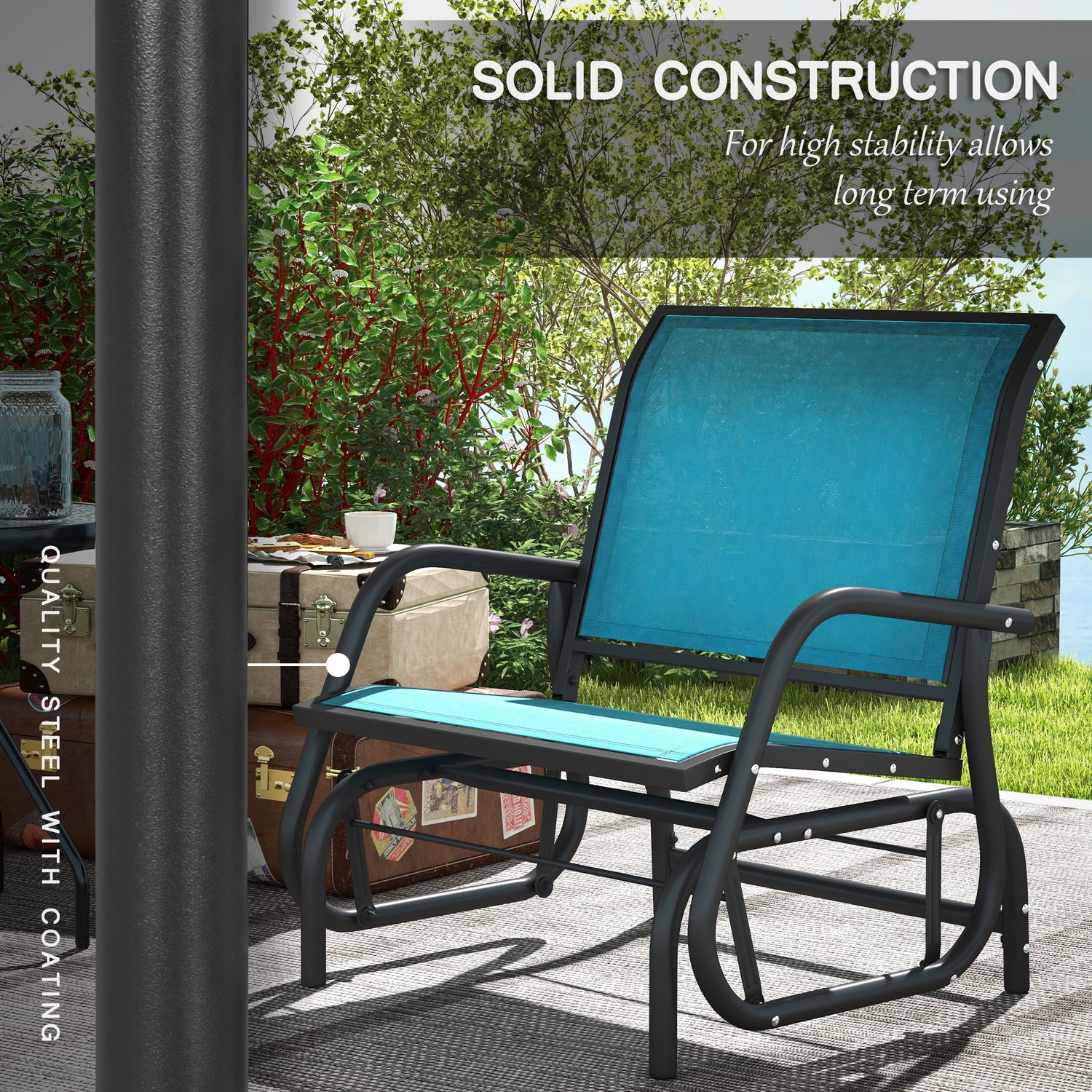 2 Pieces Outdoor Glider Chair, Steel Swing Chai with Curved Armrests for Porch, Garden, Poolside, Balcony, Blue
