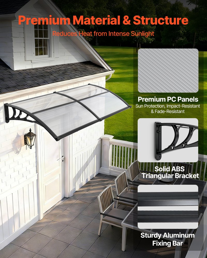 Awnings For Door Entrance, 38 X 78 In, Exterior Front Door Window Awnings With Drainage &amp; ABS Bracket, Rain Snow Sun Protection, Overhang Polycarbonate Door Canopy For Porch Patio, Clear