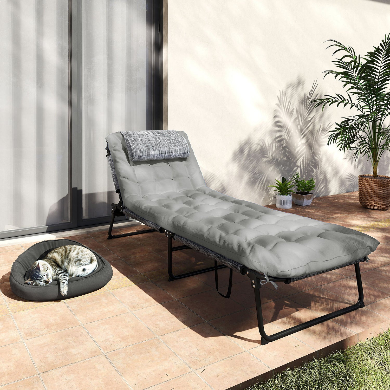 Folding Chaise Lounge Pool Chair with 4-level Reclining Back, Cushion, Side Pocket, Headrest, Gray