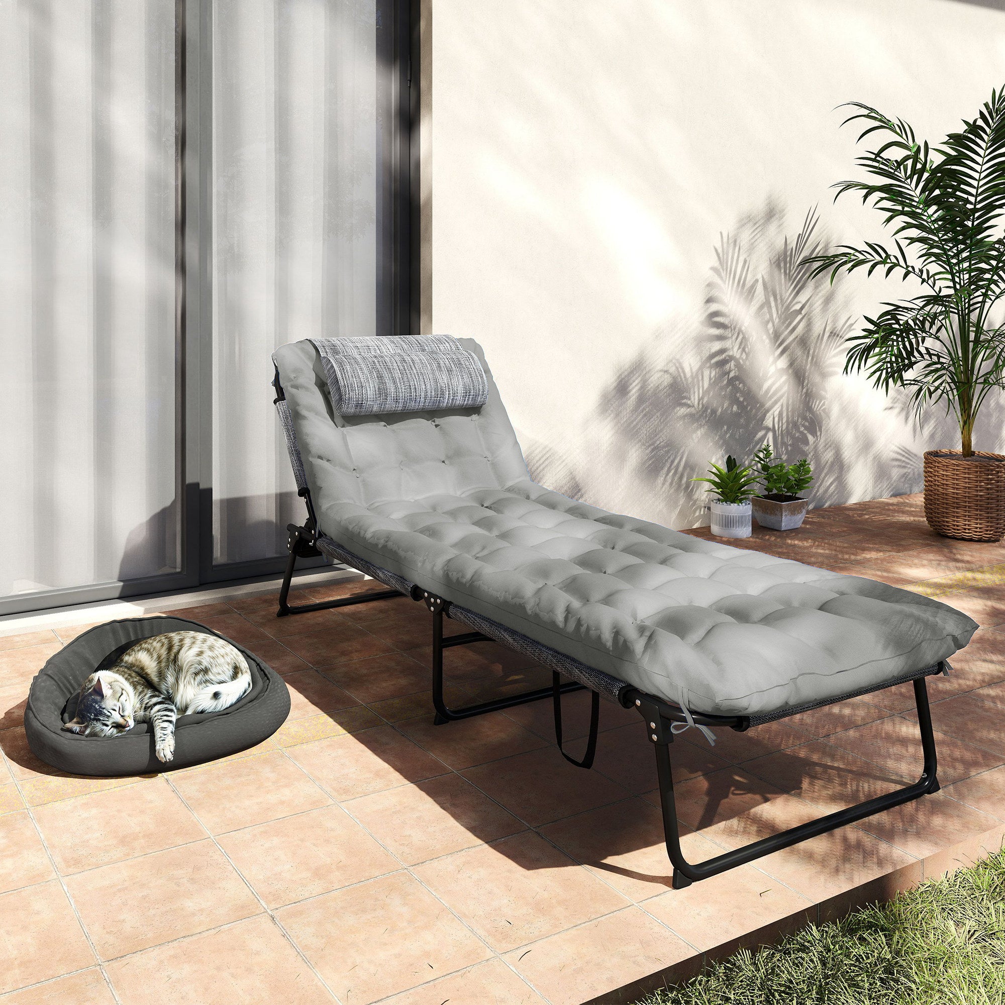 Folding Chaise Lounge Pool Chair with 4-level Reclining Back, Cushion, Side Pocket, Headrest, Gray