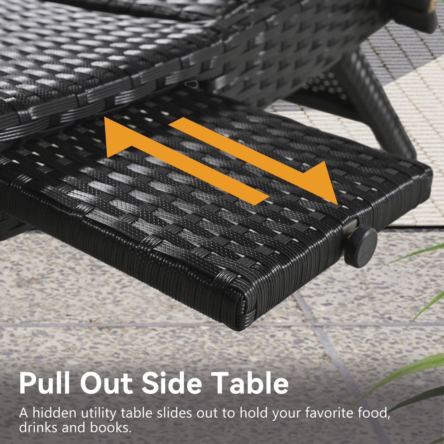 K&amp;K 80in Outdoor Wicker Chaise Lounge Chairs Set Of 2, Patio Rattan Reclining Chair Pull-out Side Table W  5-Level Adjustable Backrest Ergonomic Wave Design Pool Sunbathing Recliners, Black