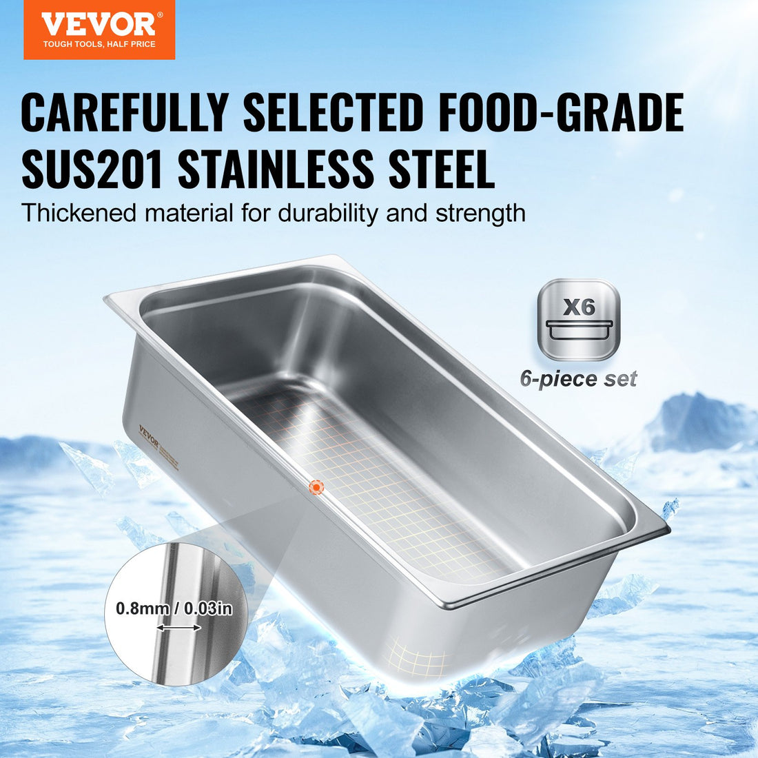 6 Pack Hotel Pans, Full Size Anti-Jam Steam Pan, 0.8mm Thick Stainless Steel Restaurant Steam Table Pan, 6-Inch Deep Commercial Table Pan, Catering Storage Food Pan, For Industrial &amp; Scientific