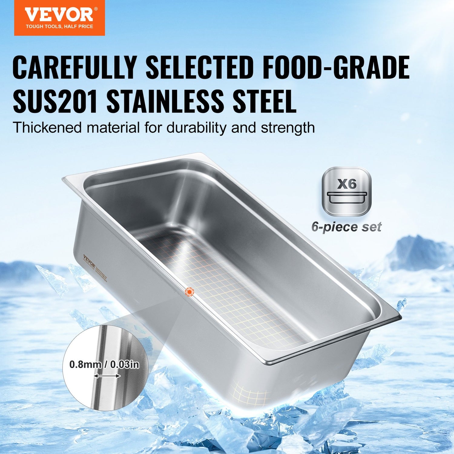 6 Pack Hotel Pans, Full Size Anti-Jam Steam Pan, 0.8mm Thick Stainless Steel Restaurant Steam Table Pan, 6-Inch Deep Commercial Table Pan, Catering Storage Food Pan, For Industrial &amp; Scientific