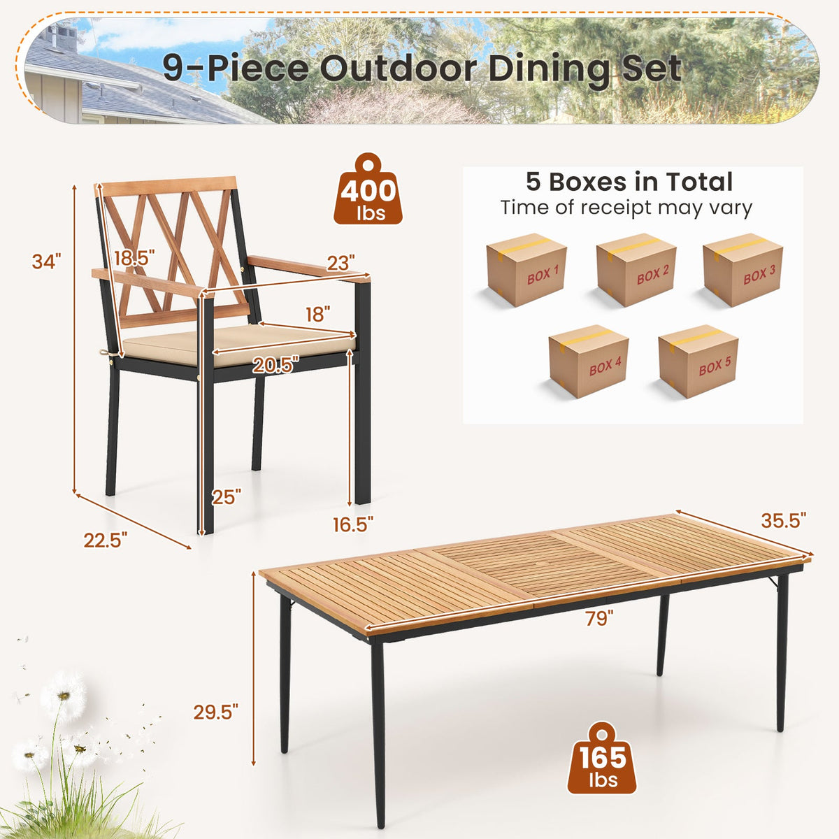 9 Pieces Patio Dining Set with 1.9 Inch Umbrella Hole and Seat Cushions