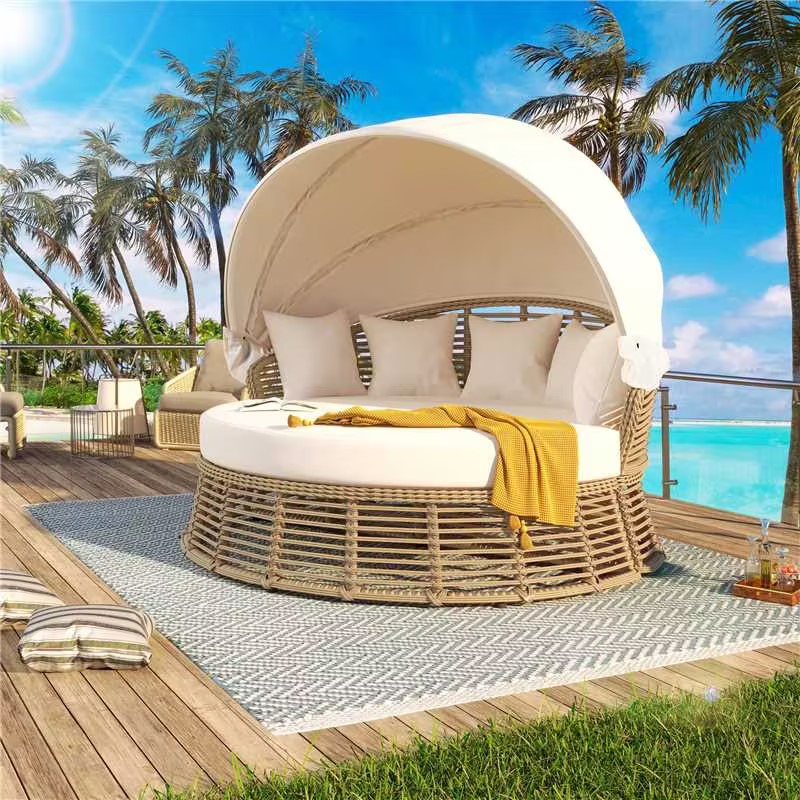 Outdoor Patio Rattan Round Daybed With Retractable Canopy, Wicker Furniture Round Poolside Sofa Sunbed With Removable Cushions, Backyard, Porch, Beige