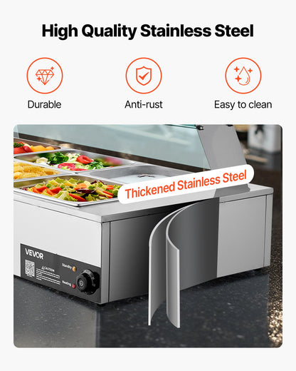 Commercial Food Warmer, 1700W Electric Stainless Steel Steam Food Warmer With Glass Cover, 8-Pan Countertop Buffet Bain Marie With Soup &amp; Perforated Ladles, For Catering, Restaurant &amp; Party