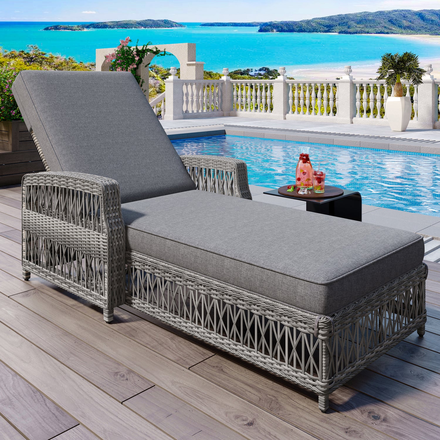 GO Outdoor Long Reclining Chaise, Wicker Lounge With Armrests, Patio Adjustable Recliner With Soft Removable Cushions, All Weather Rattan Pool Lounge For Poolside &amp; Garden, Gray