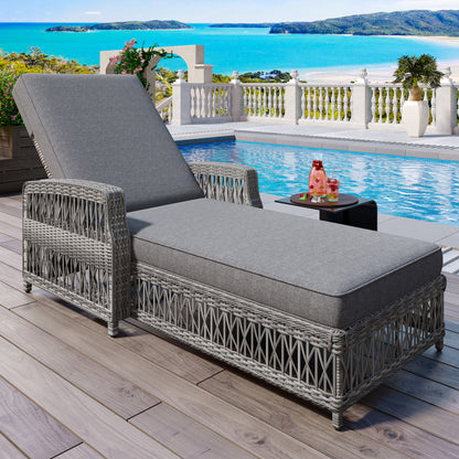 GO Outdoor Long Reclining Chaise, Wicker Lounge With Armrests, Patio Adjustable Recliner With Soft Removable Cushions, All Weather Rattan Pool Lounge For Poolside &amp; Garden, Gray