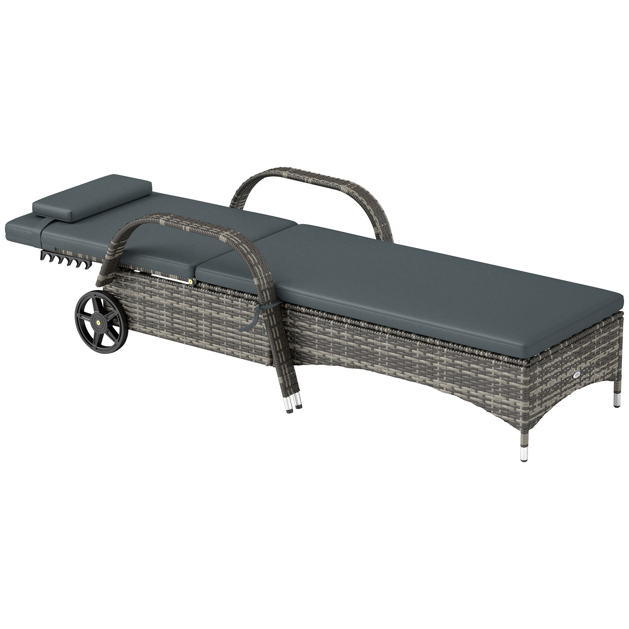 Outdoor Chaise Lounge, 5-Level Adjustable Backrest Rattan Pool Lounge Chair with Wheels, Cushion &amp; Headrest, Black