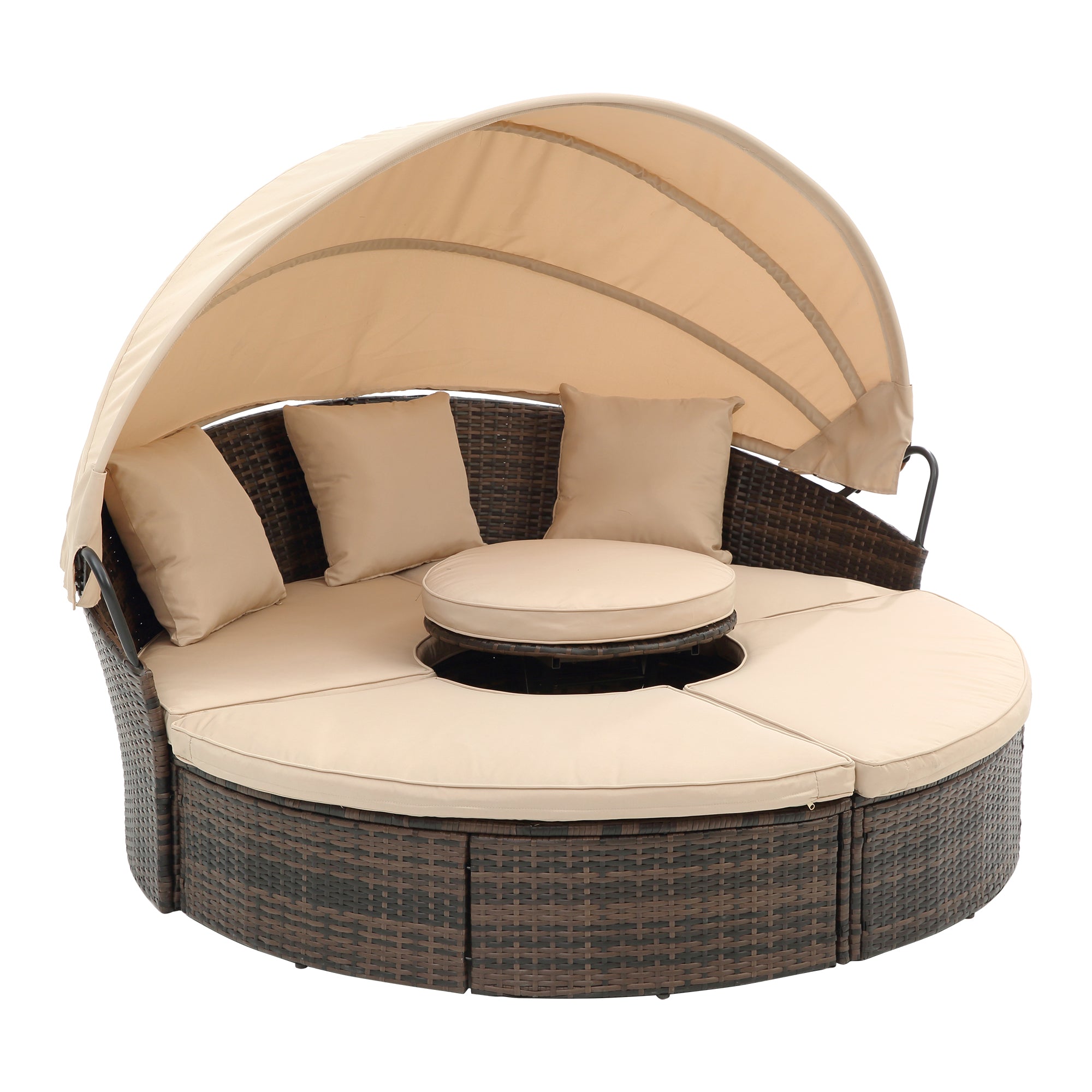 Hot Sale KD Rattan Round Lounge With Canopy Bali Canopy Bed Outdoor, Wicker Outdoor Sofa Bed With Lift Coffee Table