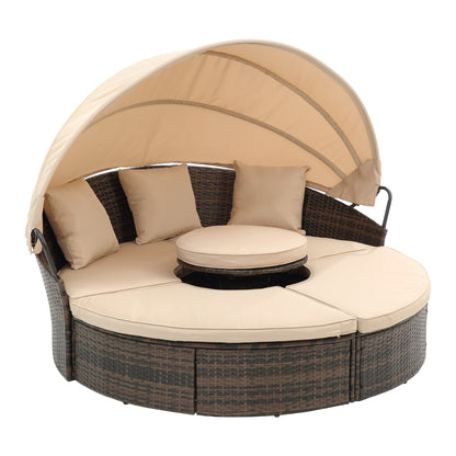 Hot Sale KD Rattan Round Lounge With Canopy Bali Canopy Bed Outdoor, Wicker Outdoor Sofa Bed With Lift Coffee Table