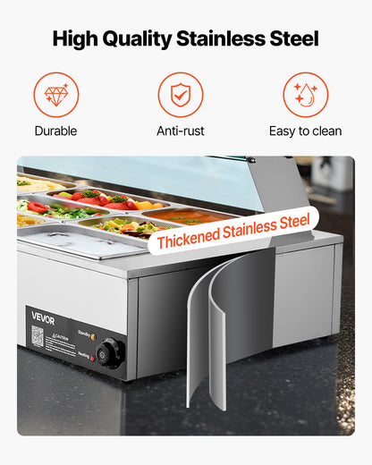 Commercial Food Warmer, 1500W Electric Stainless Steel Steam Food Warmer With Glass Cover, 9-Pan Countertop Buffet Bain Marie With Soup &amp; Perforated Ladles, For Catering, Restaurant &amp; Party