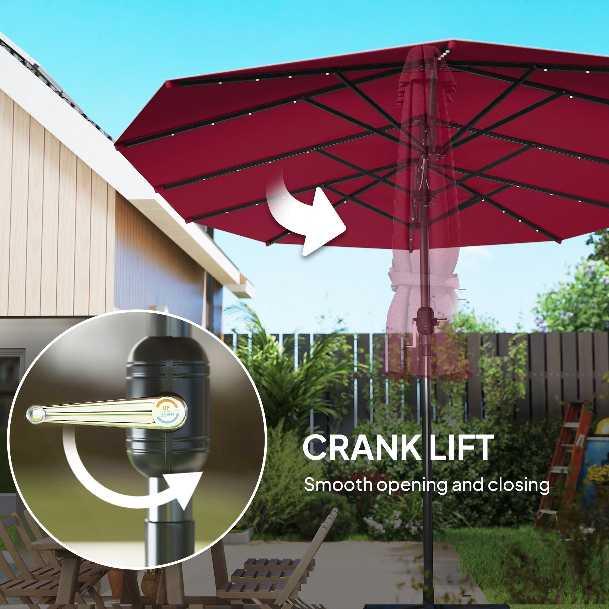 Garden Parasol, Double-Sided Sun Umbrella with LED Solar Lights, Patio Parasol for Outdoor, Wine Red