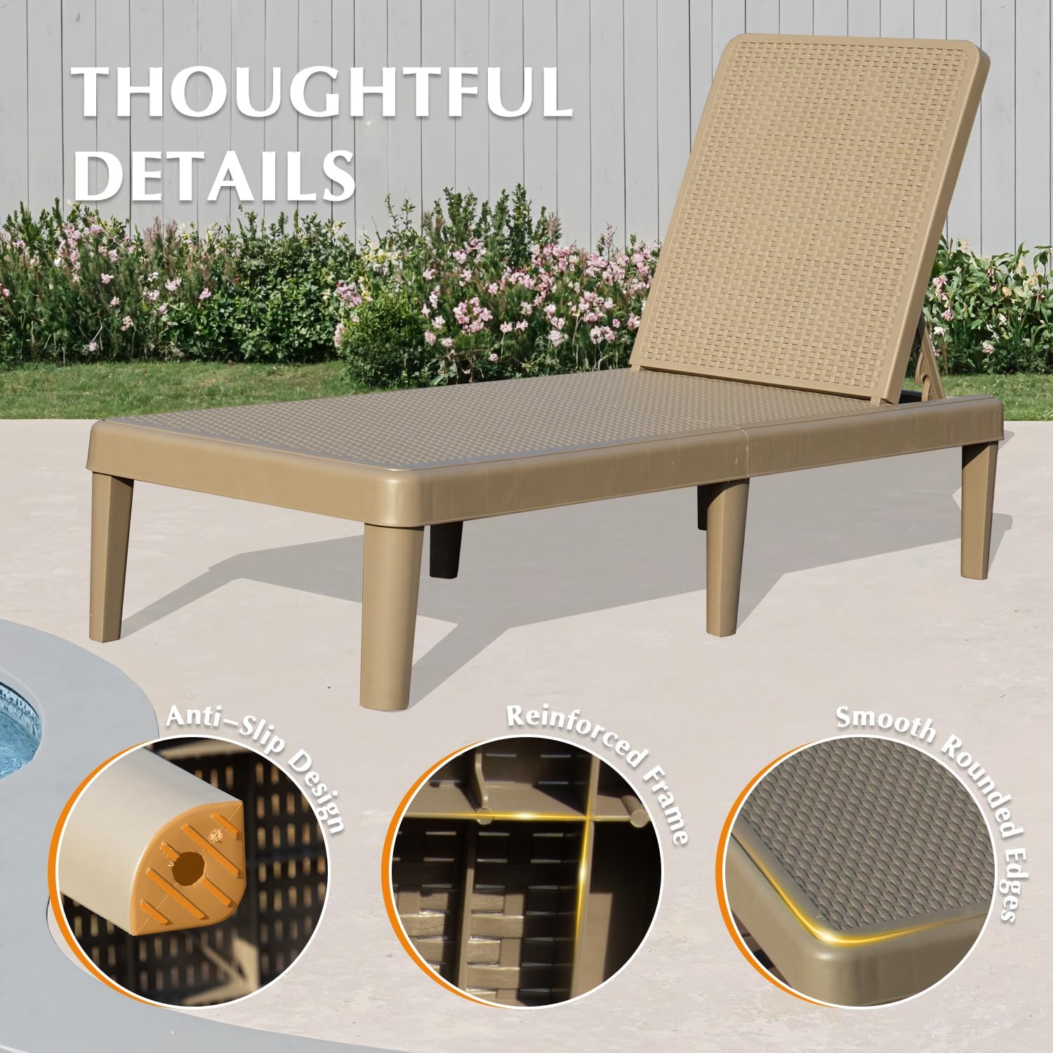 Pool Lounge Chairs Set Of 2, Outdoor Lounge Chairs With 6 Positions Backrest Adjustable, Resin Waterproof Chaise Lounge Outdoor For Poolside Patio Garden Deck
