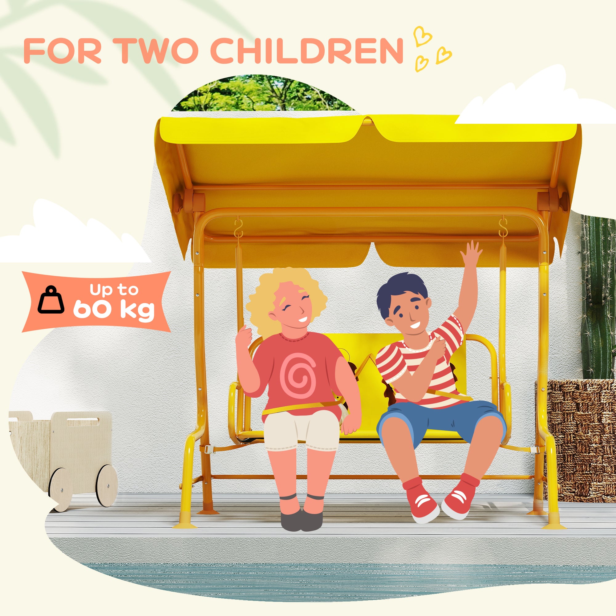 Kids Patio Swing Chair with Adjustable Canopy, Safety Belt for Patio, Garden, Poolside, Balcony, Yellow
