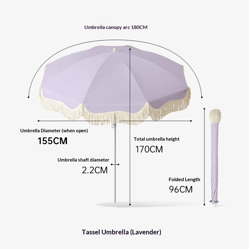 Boho Tassel Parasol, Big Outdoor Sun Umbrella for Garden, Beach, Yard and Vendor Use, Sunscreen Shade Umbrella