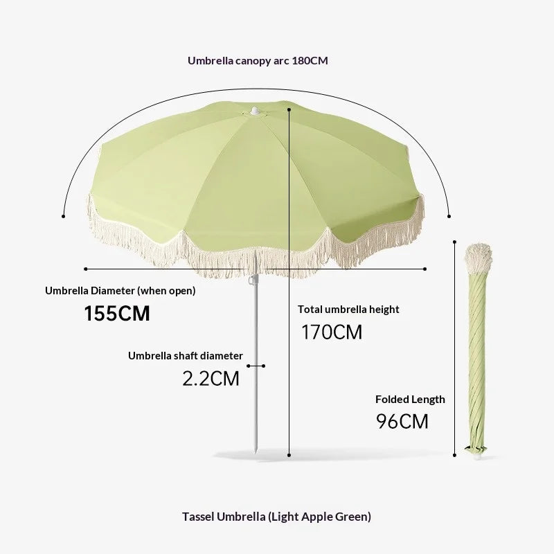 Boho Tassel Parasol, Big Outdoor Sun Umbrella for Garden, Beach, Yard and Vendor Use, Sunscreen Shade Umbrella