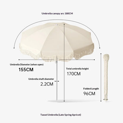 Boho Tassel Parasol, Big Outdoor Sun Umbrella for Garden, Beach, Yard and Vendor Use, Sunscreen Shade Umbrella