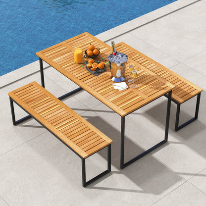Acacia Wood Dining Table for 6 People with Slatted Tabletop and Umbrella Hole