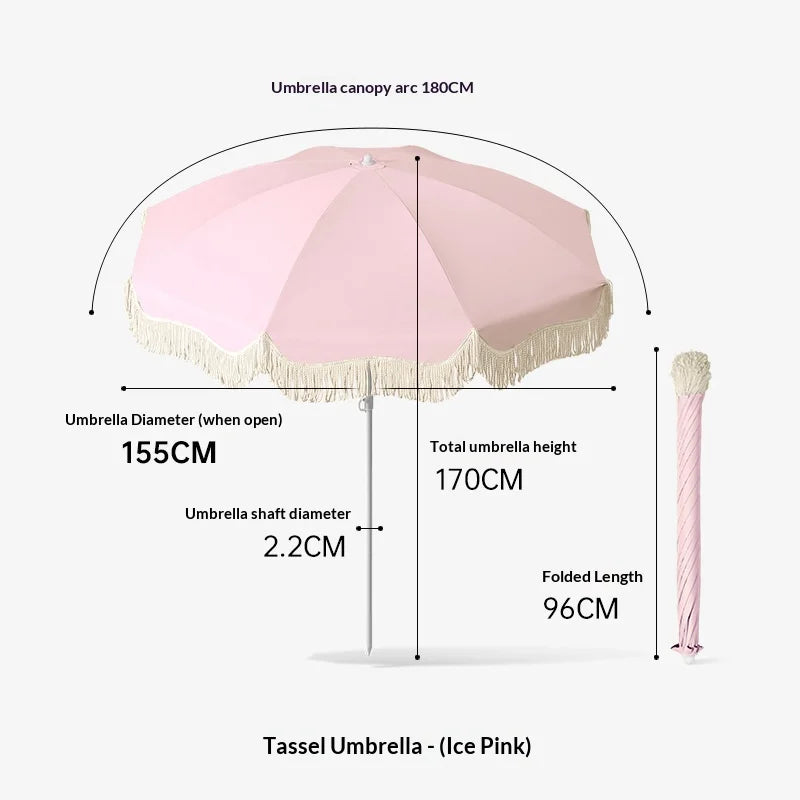 Boho Tassel Parasol, Big Outdoor Sun Umbrella for Garden, Beach, Yard and Vendor Use, Sunscreen Shade Umbrella
