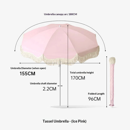 Boho Tassel Parasol, Big Outdoor Sun Umbrella for Garden, Beach, Yard and Vendor Use, Sunscreen Shade Umbrella