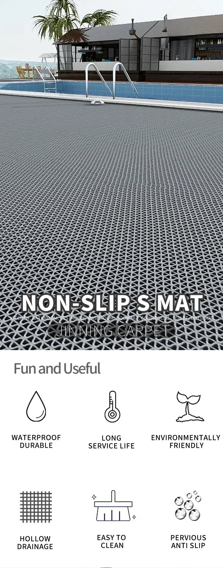 Hollow Non-slip Drainage Floor Mat Bathroom Damp Area Door Shower Floor Mat Multi-functional Kitchen Waterproof Plastic Carpet