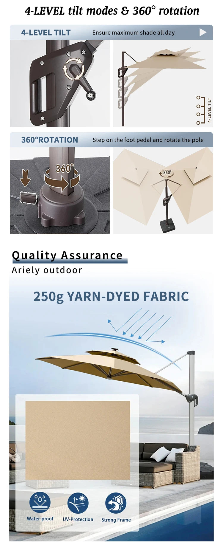 Outdoor Aluminum Roman Parasol Umbrella 9ft Waterproof for Patio Garden Courtyard Hotel Use-Modern Design
