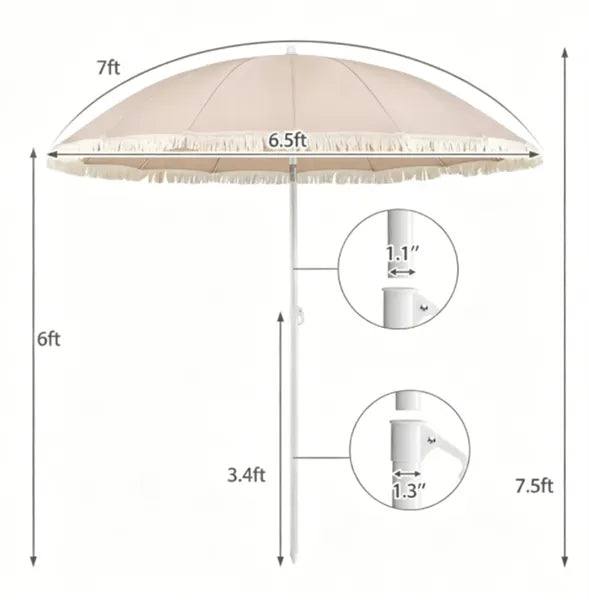 7 FT Boho Patio Umbrella With Fringe Tassel, 30&