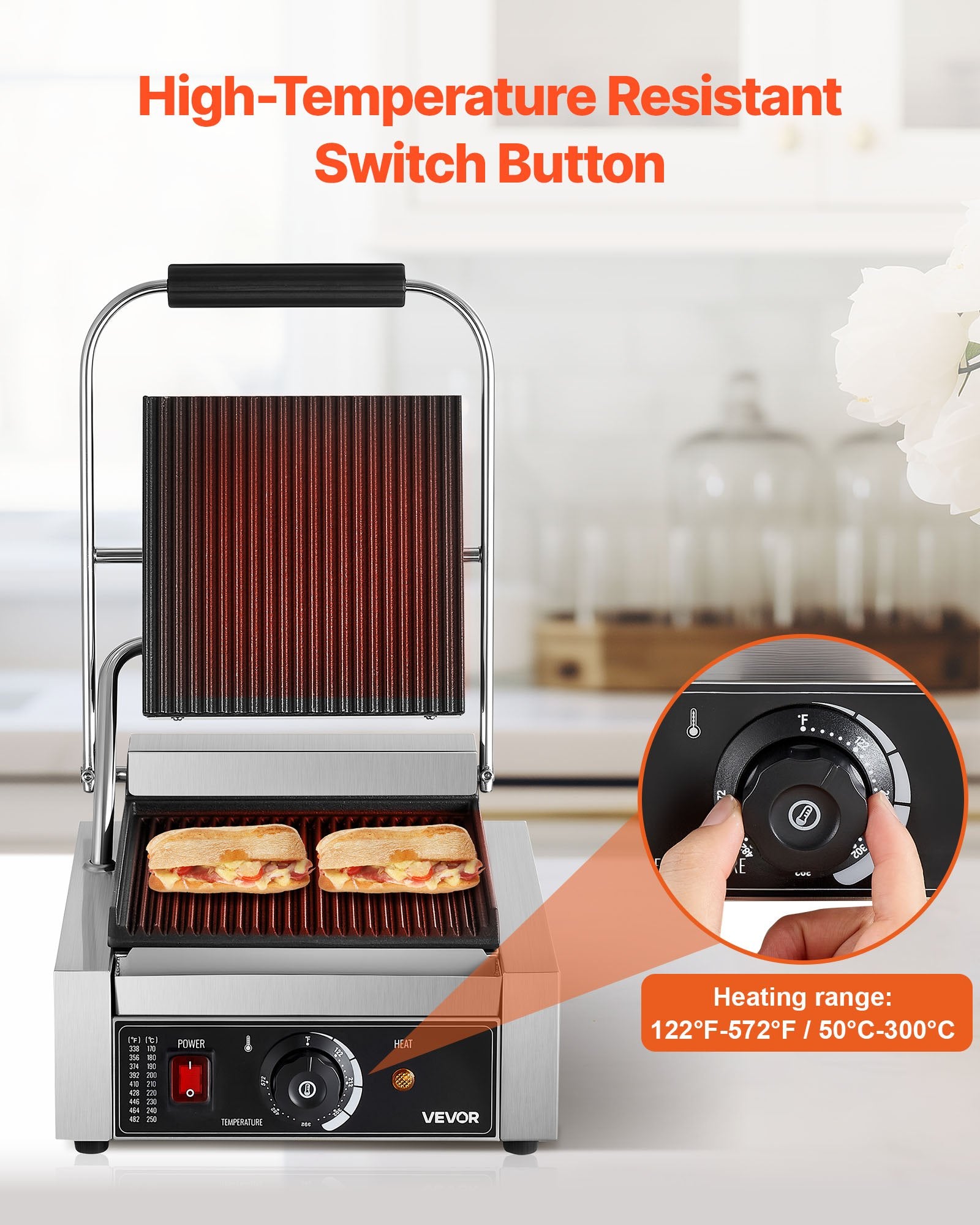Commercial Panini Grill, 1800W Electric Sandwich Panini Maker, Stainless Steel Sandwichs Press Grill With Handle And Temp Control, 8.8x9 In Full Grooved Enamel Plate For Hamburger Steak Bacon