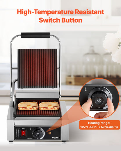 Commercial Panini Grill, 1800W Electric Sandwich Panini Maker, Stainless Steel Sandwichs Press Grill With Handle And Temp Control, 8.8x9 In Full Grooved Enamel Plate For Hamburger Steak Bacon