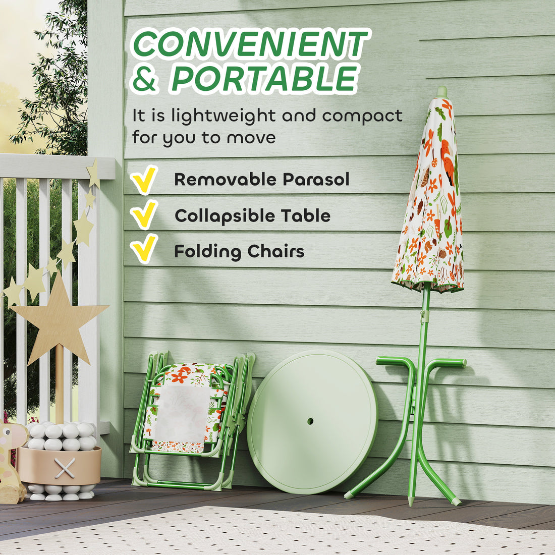 Kids Picnic Table And Chair Set, Outdoor Activity Table With Foldable Chairs, Removable Umbrella For Backyard, Green