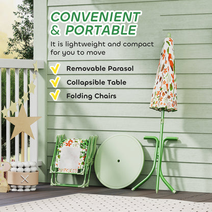 Kids Picnic Table And Chair Set, Outdoor Activity Table With Foldable Chairs, Removable Umbrella For Backyard, Green