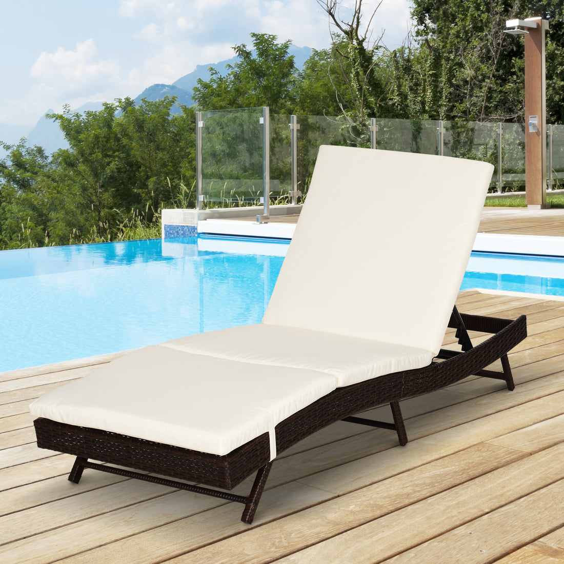 Patio Chaise Lounge, Pool Chair With 5 Position Adjustable Backrest &amp; Cushion, Outdoor PE Rattan Wicker Sun Tanning Seat, 78.75" X 28" X 35", Coffee