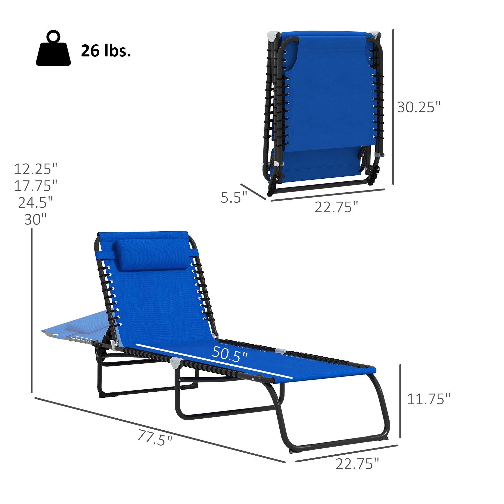 2 Folding Chaise Lounge Pool Chairs with 4-Position Reclining Back, Pillow, Breathable Mesh &amp; Bungee Seat, Blue