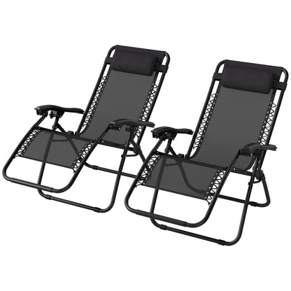Zero Gravity Chair Set Of 2, Metal Frame Texteline Armchair Outdoor Folding And Reclining Sun Lounger With Head Pillow For Patio Decking Gardens Camping, Black