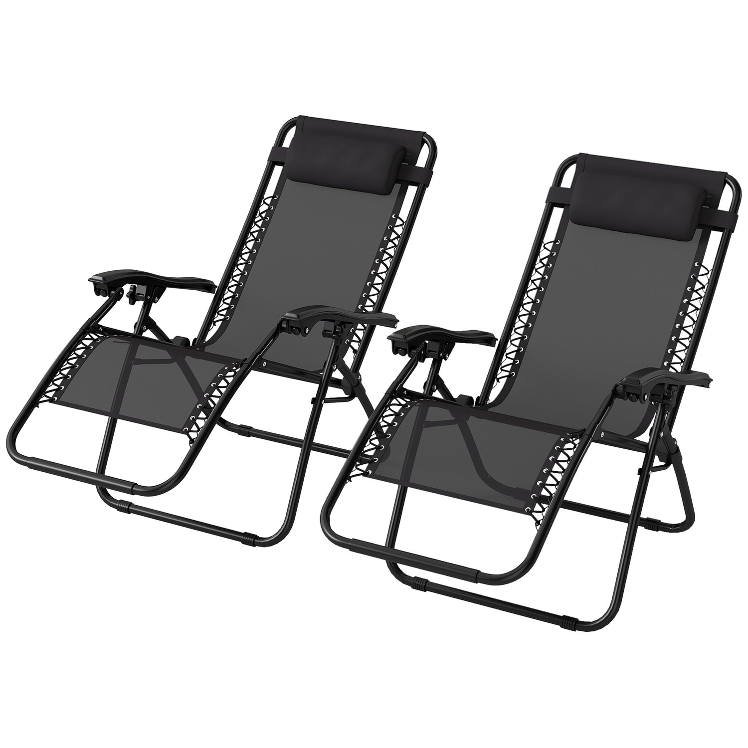 Zero Gravity Chair Set Of 2, Metal Frame Texteline Armchair Outdoor Folding And Reclining Sun Lounger With Head Pillow For Patio Decking Gardens Camping, Black