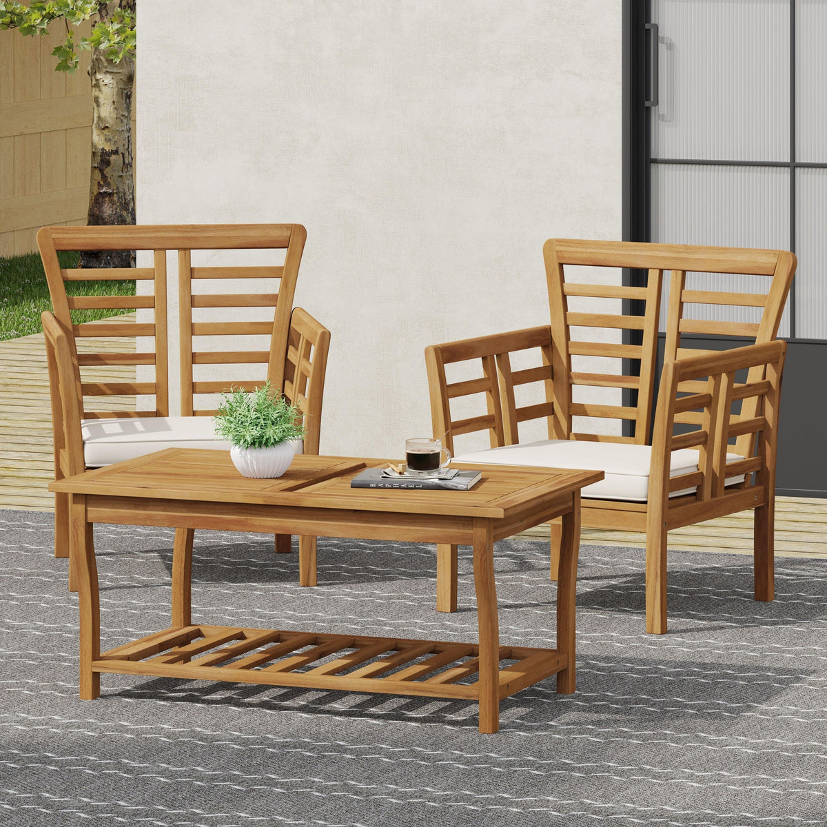 Caydon 2 Club Chairs + Table Outdoor Set with Slat Panel Design - Natural Wood