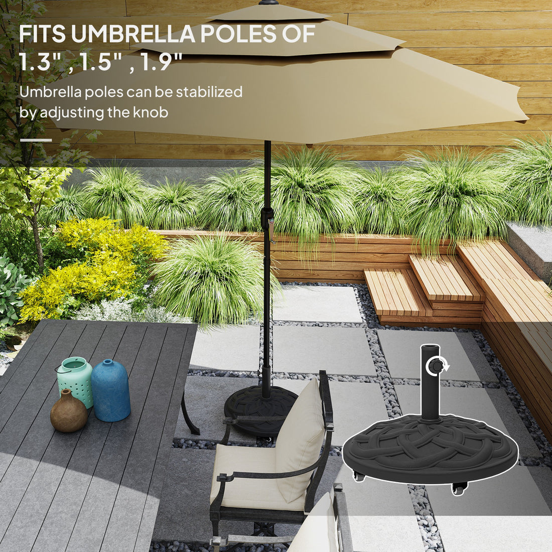 Round Patio Umbrella Base With Wheels, 44 Lbs Resin Umbrella Stand Base, Heavy Duty Patio Umbrella Holder For 1.3"/1.5"/1.9" Umbrella Poles For Outdoor, Lawn, Poolside, Black